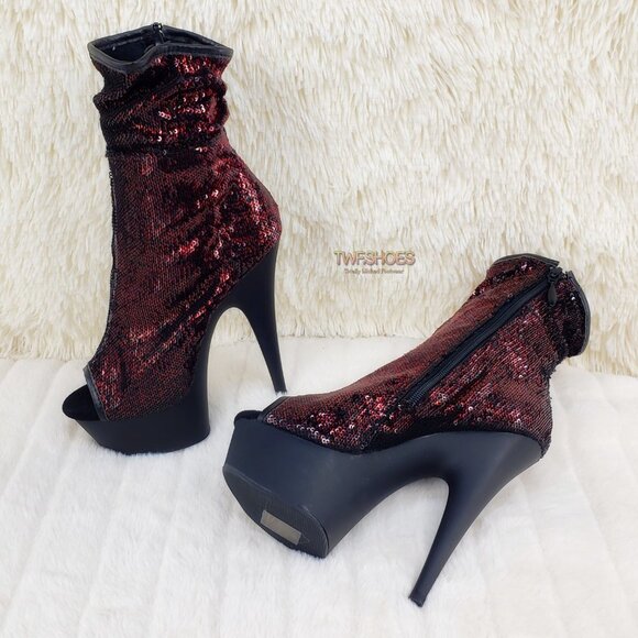 Pleaser Burgundy Sequin Slouch Shaft High Heel Platform Ankle Boots Delight 1008 - Picture 11 of 14